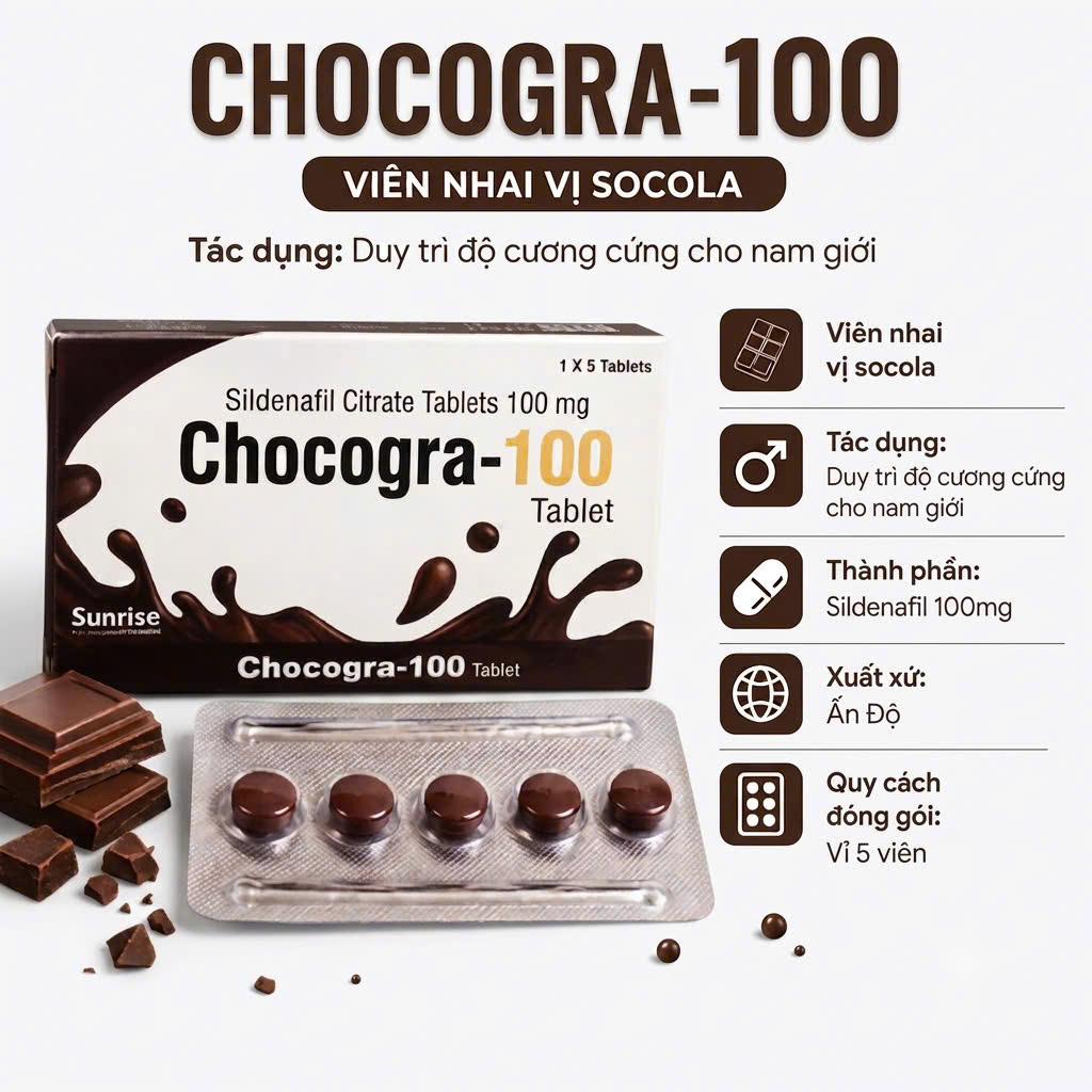 Viên Nhai Kéo Dài Thời Quan Hệ Chocogra 100mg Sunrise Vị Socola (Chính Hãng)