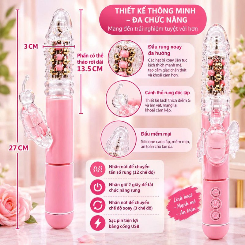 Đồ Chơi Tình Dục Dương Vật Giả Pink Butterfly Penis Rung Xoay Thụt Pin Sạc 